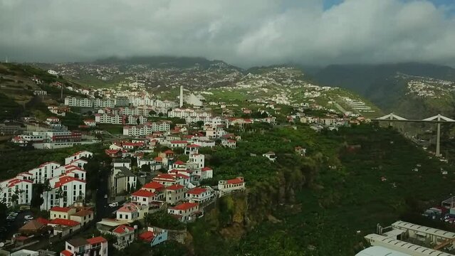 Drone shot of a beautiful town in Madeira
