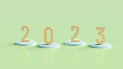 Beige digits 2023 on podiums. Pastel green glossy background. New year postcard. 3d illustration.