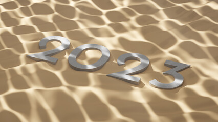 Numbers 2023 made of stone on sandy bottom underwater. 3d rendering water caustics. Texture lighting.