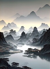 Fototapeta na wymiar Chinese landscape with river and houses