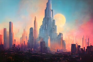 fantasy city skyline at sunset