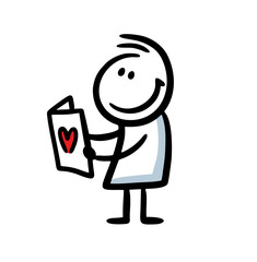 Happy doodle man with opened card for valentines day. Vector illustration pf holiday character.