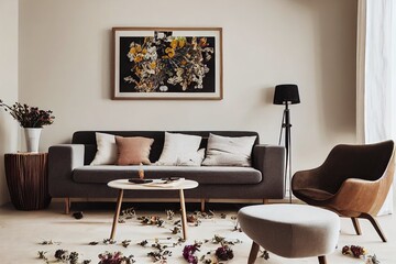 Stylish interior with design wooden commode, stool, dried flowers in vase, unique decoration, carpet, mock up poster frame and elegant personal accessories. Modern living room in classic house.