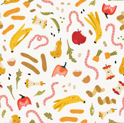 Seamless pattern of organic garbage, and worms. Waste of fruits, vegetables, greens, and nuts. Ecological recycling, responsible consumption. Organic waste for domestic composting.