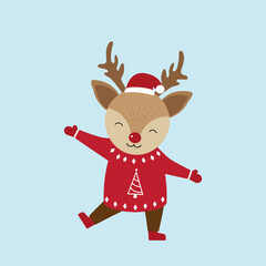 Cute deer characters on blue background. Christmas season and Happy new year season. Vector illustration