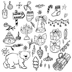 Winter season themed doodle set - snowflakes, icicles, classic ornaments, knitted wear, winter sports. Freehand vector drawings isolated over white background.