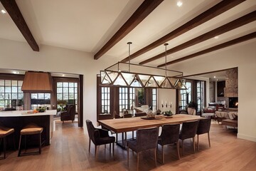 Stunning Dining room and Kitchen in New Luxury Home. Wood beams and elegant pendant lights accent the beautiful open floor plan, dining room, and kitchen.