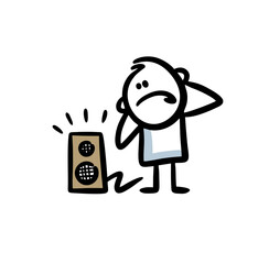 Angry man closing his ears because of loud sound from music column.