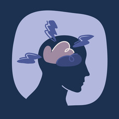 ?artoon vector illustration of Mental health concep. Head with bad weather inside. Thunder, clouds and lightning as a symbol of depression, anger, poor morale.