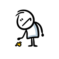 Sketch of doodle character bows down for the trash paper on the ground.