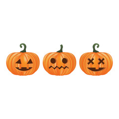 vector set of orange pumpkins. three pumpkins in a row with carved eyes and mouths