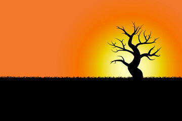 illustration of black silhouette dry leafless tree on sunset or sunrise vector