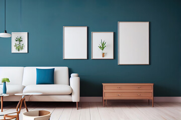 mock up poster frame in modern interior background, living room, Scandinavian style, 3D render, 3D illustration