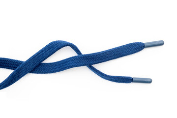 Dark-blue, blue sneakers shoelaces isolated on white, crumpled laces, top view.