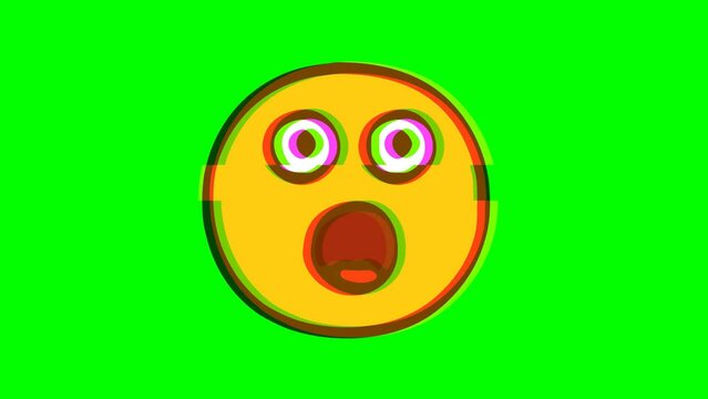 Scared emoticon glitch effect on green background. Emoji motion graphics.
