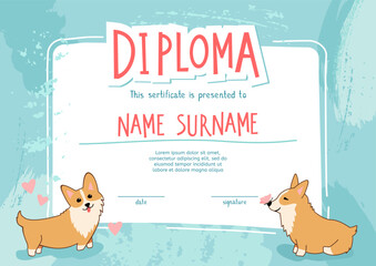 Kids diploma template with cute welsh corgi dog in cartoon style