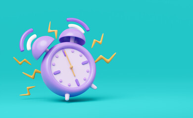 3d Alarm clock icon. Purple vintage clock with twin bell at six o’clock, 6 AM PM vibrate alert floating isolated on green background. Time keeping concept. Cartoon icon smooth. 3d render clipping path