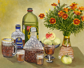 Painting oil on paperboard. Student study of primitivism style."Still life with drinks, apples and flowers in vase"