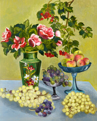 Painting oil on paperboard "Still life with apples and grapes and red roses in flowers vase"