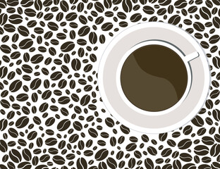 Mug of hot coffee and coffee beans on white background