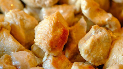 Roasted, fresh, juicy cubed turkey meat. Healthy food. low in calories
