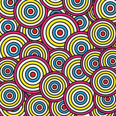 Abstract colorful chaotic circles design pattern background. Psychedelic circles seamless pattern, doodle texture in bright colors, pop culture styled background, vivid backdrop vector.