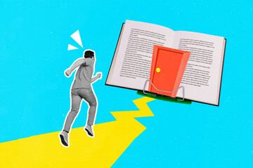 Collage 3d image of pop retro sketch of running fast man ready for education isolated painting background