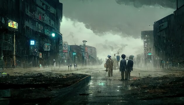 People Walking On The Streets In A Post Apocalyptic City, With  Green Light Tint, Light Rain, Cinematic Lights,