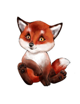 Cute cartoon watercolor of a forest animal. Hand painted lovely baby fox illustration perfect for printing and card making. Forest wild orange fox.