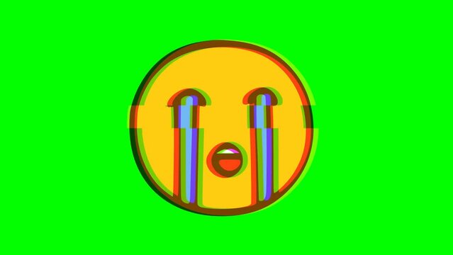 Crying emoticon glitch effect on green background. Emoji motion graphics.