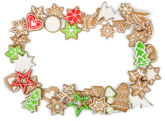 Gingerbread cookies on white background. Snowflake, star, man, angel, candy shapes