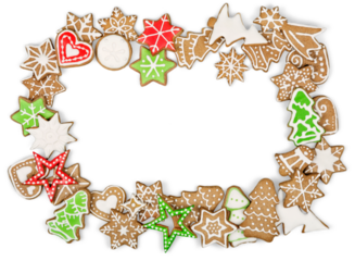 Gingerbread cookies on white background. Snowflake, star, man, angel, candy shapes