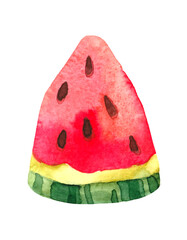 Sweet slice of watermelon in watercolor on white background. Isolated illustration of fresh summer fruit with seeds for print in pattern. Part of colorful berry for decor. Dessert for diet menu design
