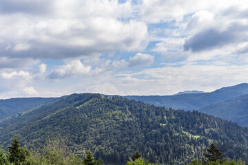 Beautiful panoramic views of the Carpathian Mountains from Uzhotsky pass high peak mountain in Ukrainian Carpathians Mountains