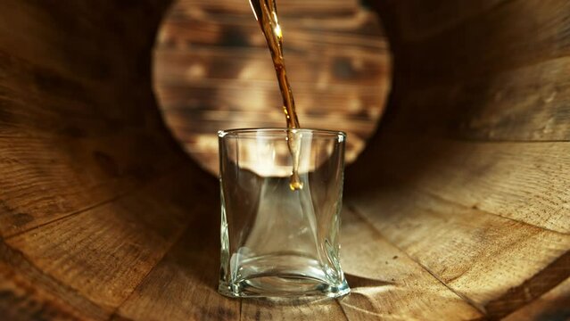 Super slow motion of pouring whisky into glass. Placed in old wooden keg. Filmed on high speed cinema camera, 1000fps.