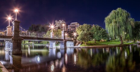 Panoramic view of the Boston Public Garden and the bridge with its reflection in the water at night.