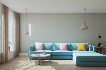 Cozy light home interior mock up in pastel colors, 3d render