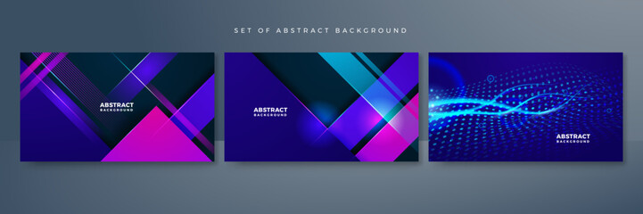 Fototapeta premium Set of modern digital business technology blue purple abstract design background with lines, waves, speed lights, motion, data concept, science element, cyberspace shapes, and connection lines.