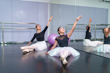 Female ballet dancers rehearse in ballet classes, they practice dancing, they are professional...