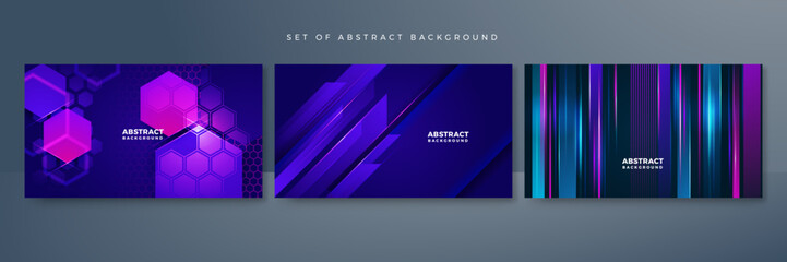 Set of modern digital business technology blue purple abstract design background with lines, waves, speed lights, motion, data concept, science element, cyberspace shapes, and connection lines.