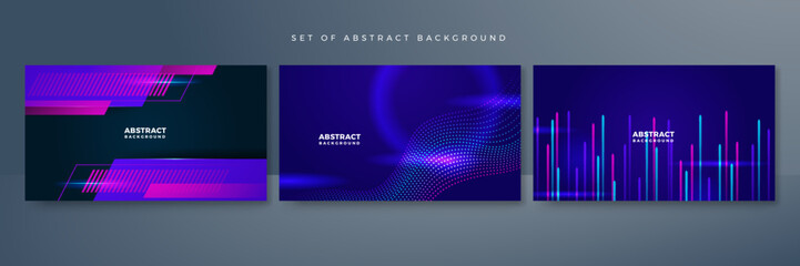 Fototapeta premium Set of modern digital business technology blue purple abstract design background with lines, waves, speed lights, motion, data concept, science element, cyberspace shapes, and connection lines.