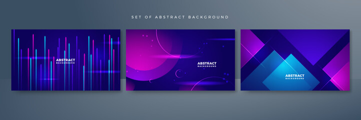 Set of modern digital business technology blue purple abstract design background with lines, waves, speed lights, motion, data concept, science element, cyberspace shapes, and connection lines.