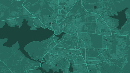 Green Bhopal city area vector background map, roads and water illustration. Widescreen proportion, digital flat design.
