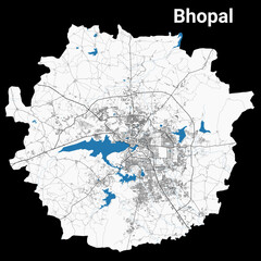 Bhopal map. Detailed map of Bhopal city administrative area. Cityscape panorama illustration. Road map with highways, streets, rivers.