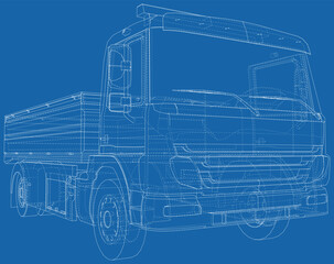 Wire-frame Flatbed truck on background. Vector rendering of 3d.