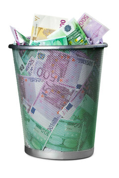 Euro in the trash bin on a white background