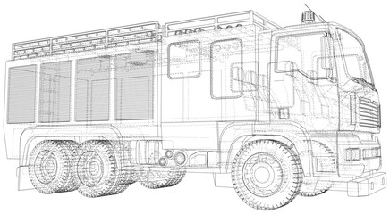 Wire-frame isolated Fire truck on background. Vector rendering of 3d.