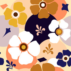 Applique seamless pattern of colorful and bright summer flowers silhouettes Abstract floral pattern with geometric shapes. Vector background in modern cut paper style