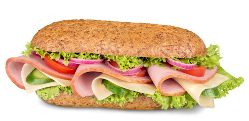 Footlong ham & swiss submarine sandwich isolated on white