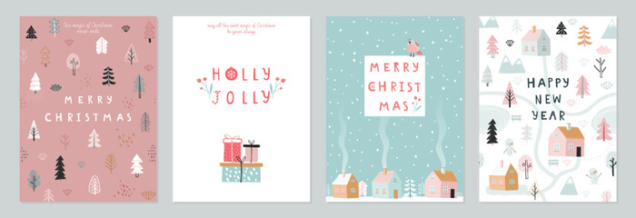 Christmas card set - hand drawn cute flyers. Postcards with lettering and christmas background.